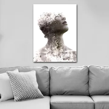 Lerretsbilde 70x100 cm - Abstrakt portrett av en person der ansiktet gradvis forsvinner i en tåke av farger og former - Grå / Svart / Hvit - Interiør - Maleri & posters - Lerretsbilder