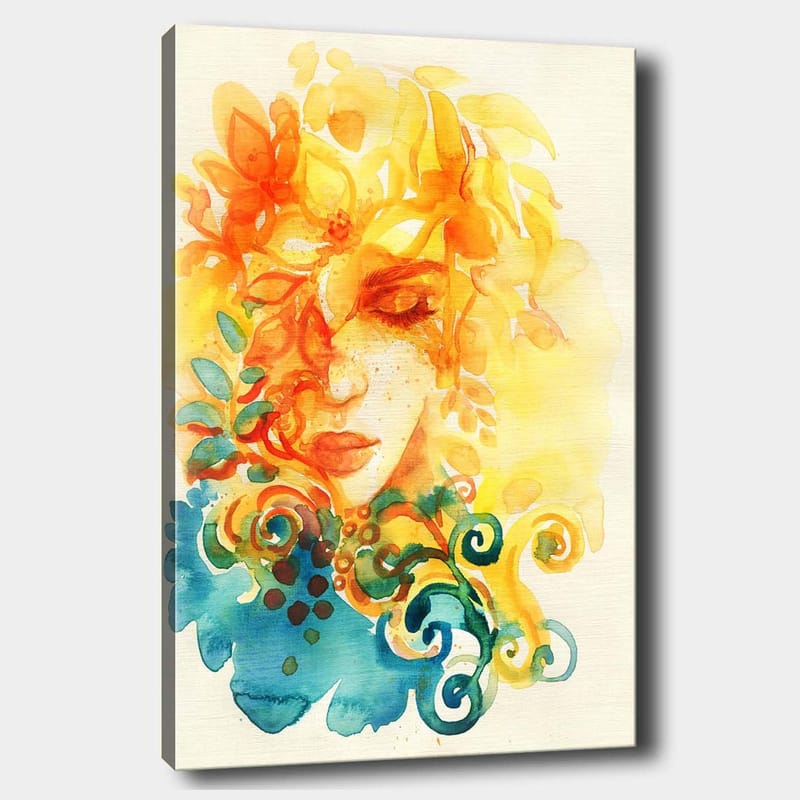 Lerretsbilde 70x100 cm - Abstrakt portrett av en kvinne med blomster og blader i gult og oransje, Gul / Oransje / Blå