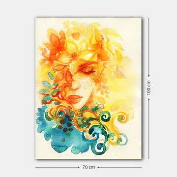 Lerretsbilde 70x100 cm - Abstrakt portrett av en kvinne med blomster og blader i gult og oransje - Gul / Oransje / Blå - Interiør - Maleri & posters - Lerretsbilder