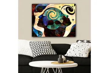 Lerretsbilde 70x100 cm - Abstrakt portrett av ansikter med spiralmotiver som symboliserer tanker og følelser - Mørk blå / Grønn / Brun - Interiør - Maleri & posters - Lerretsbilder