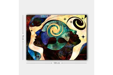 Lerretsbilde 70x100 cm - Abstrakt portrett av ansikter med spiralmotiver som symboliserer tanker og følelser - Mørk blå / Grønn / Brun - Interiør - Maleri & posters - Lerretsbilder