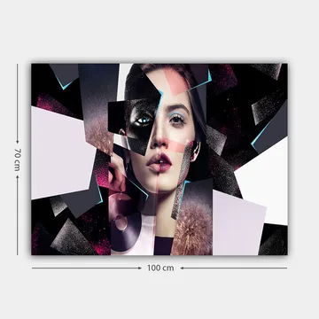 Lerretsbilde 70x100 cm - Abstrakt portrettkomposisjon av en kvinne med geometriske former og kontrastfarger - Svart / Hvit / Rosa - Interiør - Maleri & posters - Lerretsbilder