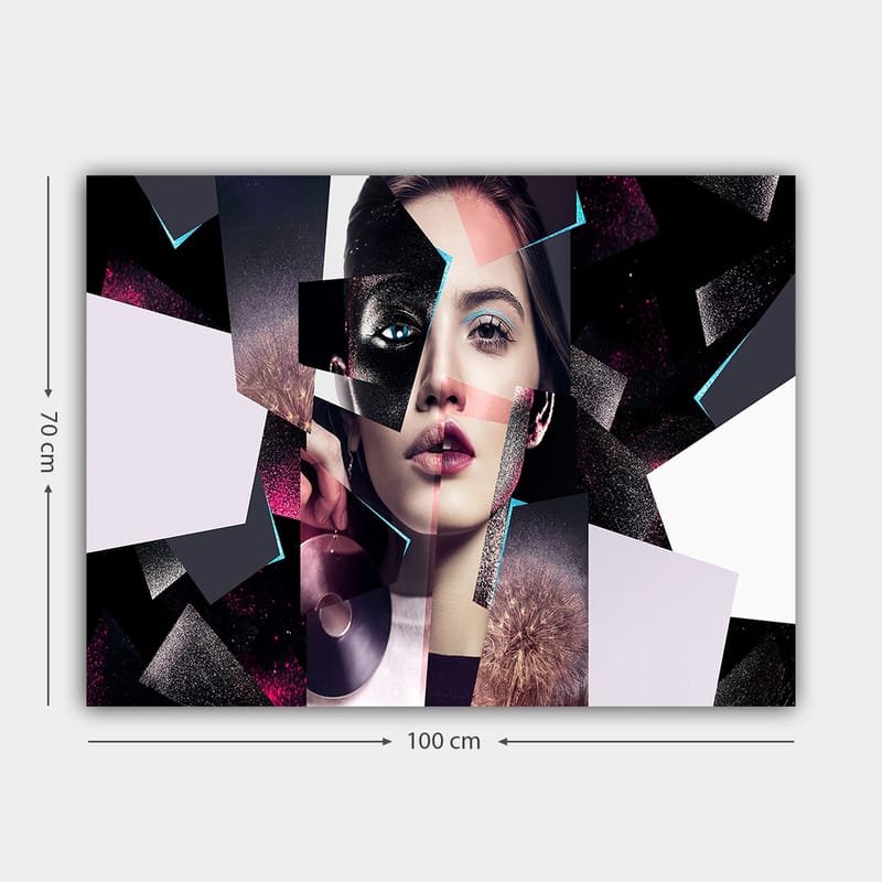 Lerretsbilde 70x100 cm - Abstrakt portrettkomposisjon av en kvinne med geometriske former og kontrastfarger - Svart / Hvit / Rosa - Interiør - Maleri & posters - Lerretsbilder