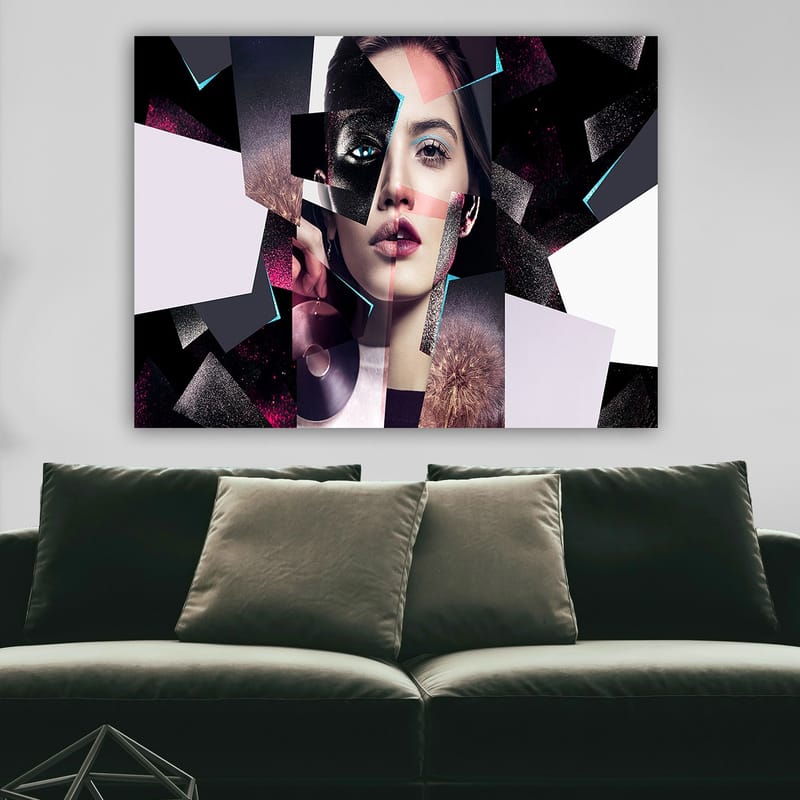 Lerretsbilde 70x100 cm - Abstrakt portrettkomposisjon av en kvinne med geometriske former og kontrastfarger - Svart / Hvit / Rosa - Interiør - Maleri & posters - Lerretsbilder