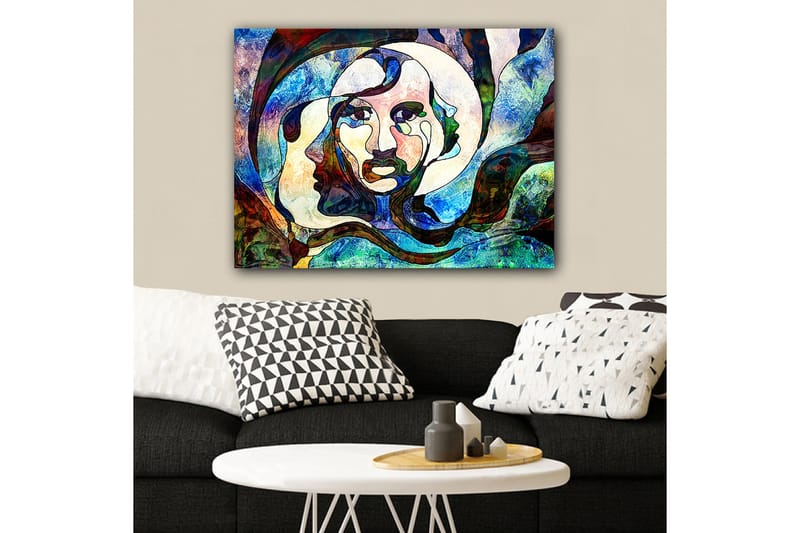 Lerretsbilde 70x100 cm - Abstrakt portrett av en kvinne med flytende linjer og farger - Blå / Grønn / Rød - Interiør - Maleri & posters - Lerretsbilder