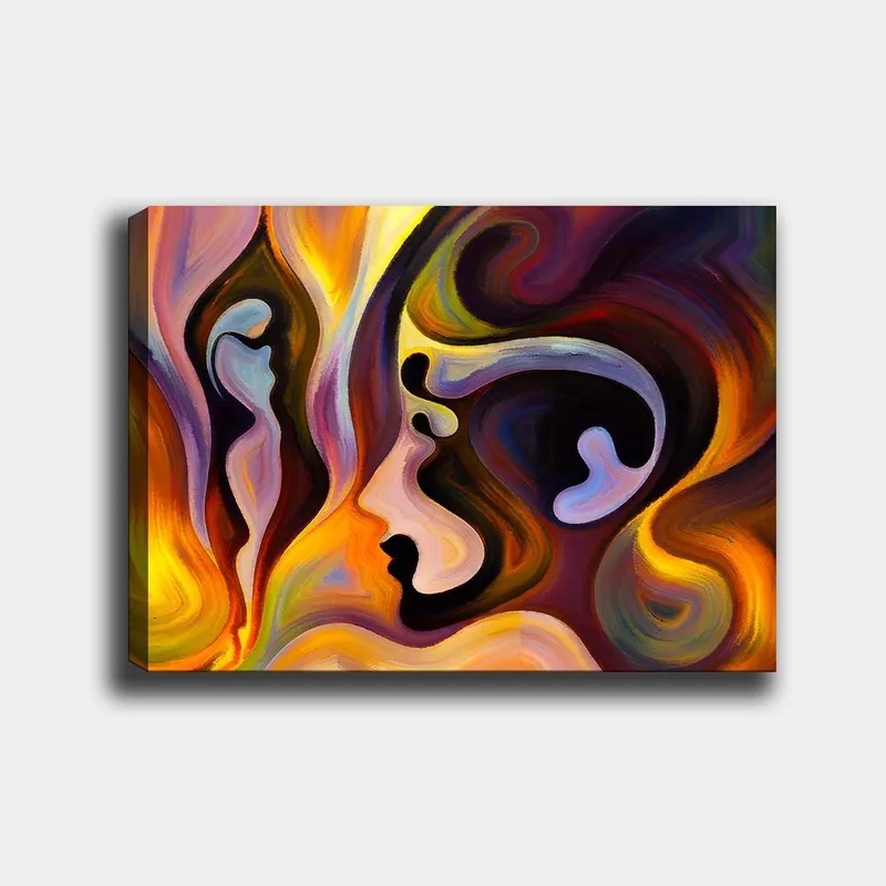 Lerretsbilde 70x100 cm - Abstrakt portrett med sammenslåtte ansiktsformer og farger som uttrykker følelser, Mørk lilla / Oransje / Lys blå