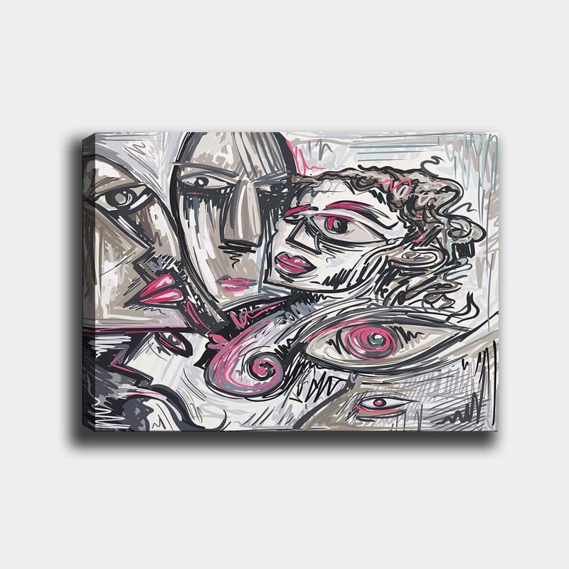 Lerretsbilde 70x100 cm - Abstrakt portrett av ansikter med følelsesmessige uttrykk, Grå / Rosa / Svart