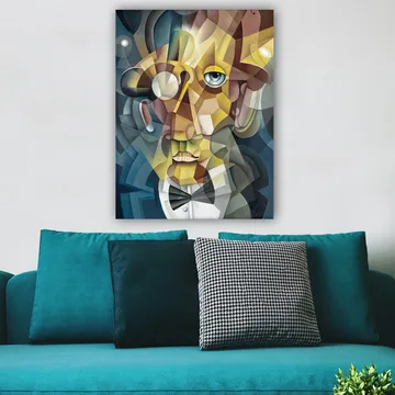 Lerretsbilde 70x100 cm - Abstrakt portrett av en mann i elegant dress og et uttrykksfullt utseende - Gull / Blå / Beige - Interiør - Maleri & posters - Lerretsbilder