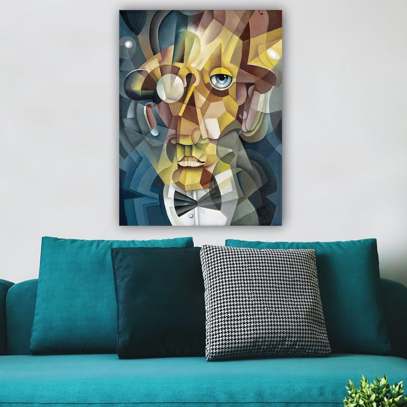 Lerretsbilde 70x100 cm - Abstrakt portrett av en mann i elegant dress og et uttrykksfullt utseende - Gull / Blå / Beige - Interiør - Maleri & posters - Lerretsbilder