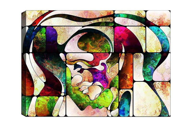 Lerretsbilde 70x100 cm - Abstrakt portrett med fargerike former og linjer, Grønn / Rød / Lilla