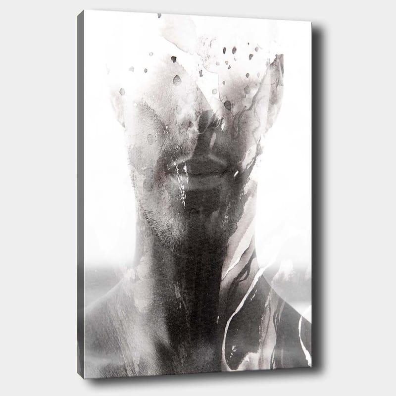 Lerretsbilde 70x100 cm - Abstrakt portrett av en mann med uskarpe og flytende linjer som skaper en drømmeaktig følelse, Svart / Grå / Hvit