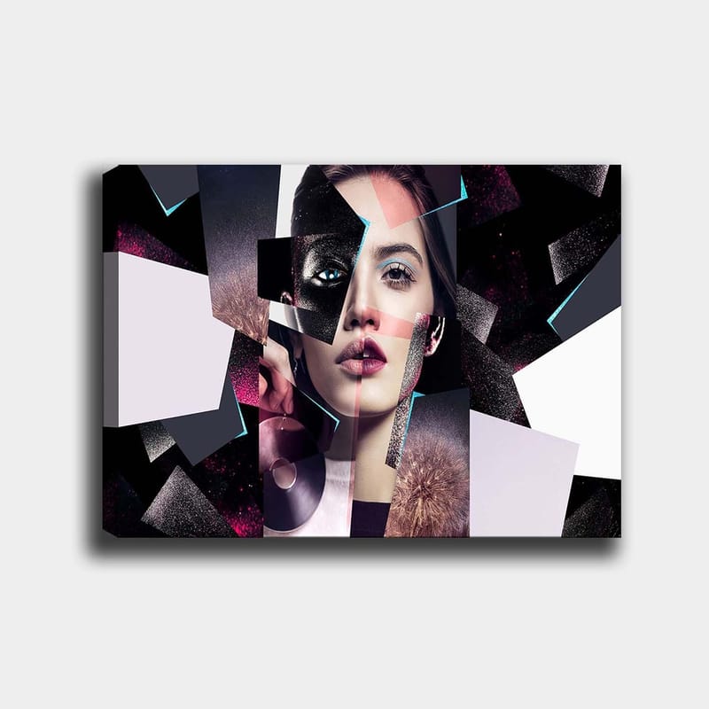 Lerretsbilde 70x100 cm - Abstrakt portrettkomposisjon av en kvinne med geometriske former og kontrastfarger, Svart / Hvit / Rosa