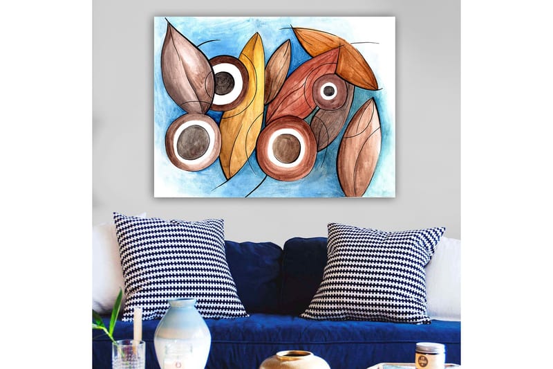 Lerretsbilde 70x100 cm - Abstrakte former av blader og sirkler i harmoniske farger - Brun / Beige / Hvit - Interiør - Maleri & posters - Lerretsbilder