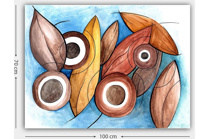 Lerretsbilde 70x100 cm - Abstrakte former av blader og sirkler i harmoniske farger - Brun / Beige / Hvit - Interiør - Maleri & posters - Lerretsbilder