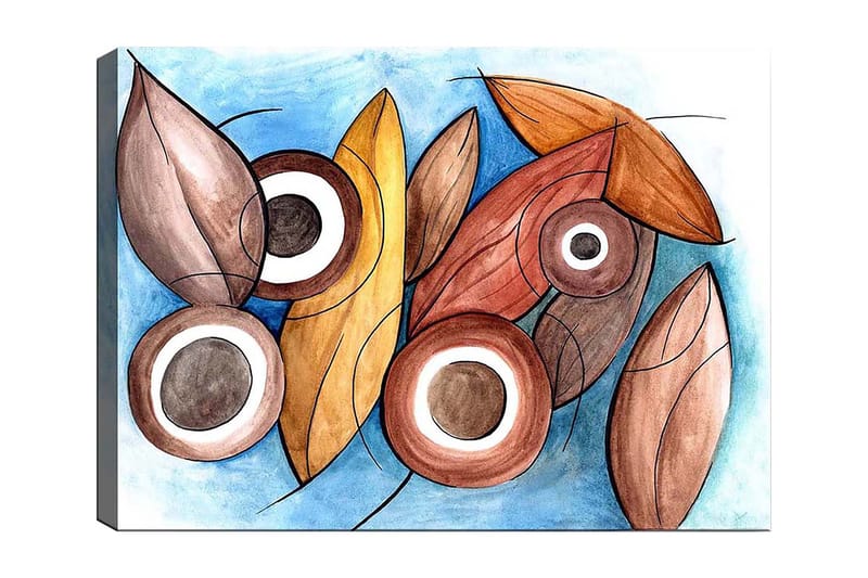 Lerretsbilde 70x100 cm - Abstrakte former av blader og sirkler i harmoniske farger, Brun / Beige / Hvit