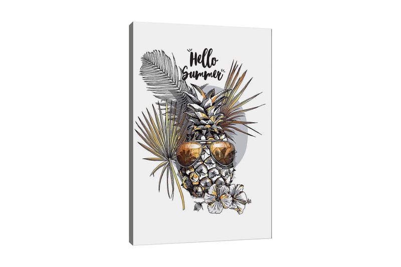 Lerretsbilde 70x100 cm - Ananas med solbriller omgitt av tropiske planter og blomster, med teksten Hello Summer, Gull / Grønn / Hvit