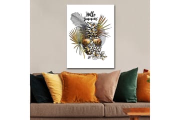 Lerretsbilde 70x100 cm - Ananas med solbriller omgitt av tropiske planter og blomster, med teksten Hello Summer - Gull / Grønn / Hvit - Interiør - Maleri & posters - Lerretsbilder