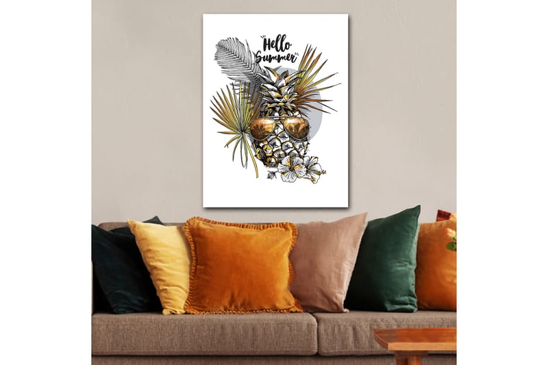 Lerretsbilde 70x100 cm - Ananas med solbriller omgitt av tropiske planter og blomster, med teksten Hello Summer - Gull / Grønn / Hvit - Interiør - Maleri & posters - Lerretsbilder