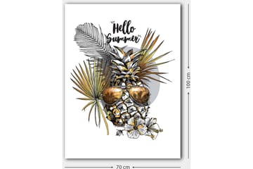 Lerretsbilde 70x100 cm - Ananas med solbriller omgitt av tropiske planter og blomster, med teksten Hello Summer - Gull / Grønn / Hvit - Interiør - Maleri & posters - Lerretsbilder