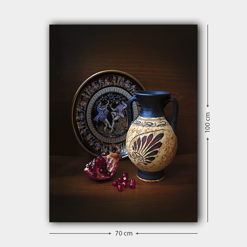 Lerretsbilde 70x100 cm - Antikk potte med dekorative mønstre og granateple som hovedmotiv - Svart / Beige / Rød - Interiør - Maleri & posters - Lerretsbilder