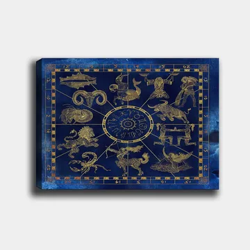 Lerretsbilde 70x100 cm - Astrologisk kart med de tolv stjernetegnene i gull mot en dyp blå bakgrunn - Dyp blå / Gull - Interiør - Maleri & posters - Lerretsbilder