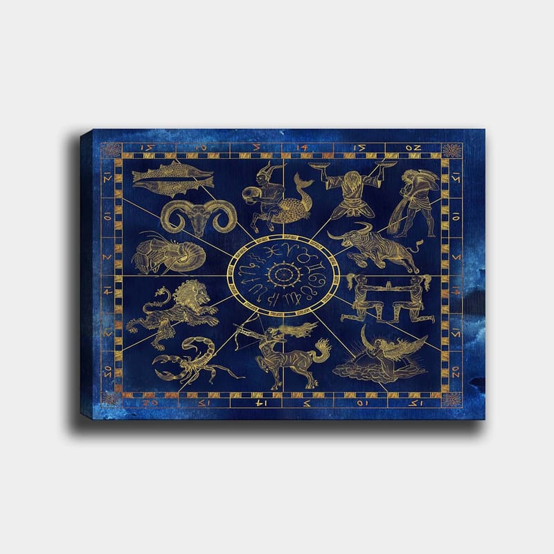 Lerretsbilde 70x100 cm - Astrologisk kart med de tolv stjernetegnene i gull mot en dyp blå bakgrunn, Dyp blå / Gull