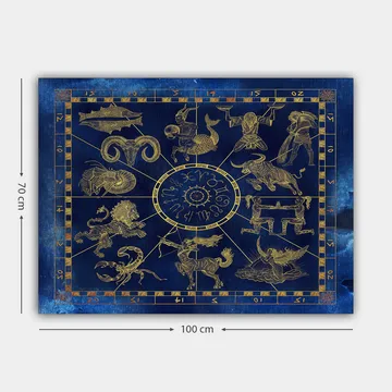 Lerretsbilde 70x100 cm - Astrologisk kart med de tolv stjernetegnene i gull mot en dyp blå bakgrunn - Dyp blå / Gull - Interiør - Maleri & posters - Lerretsbilder