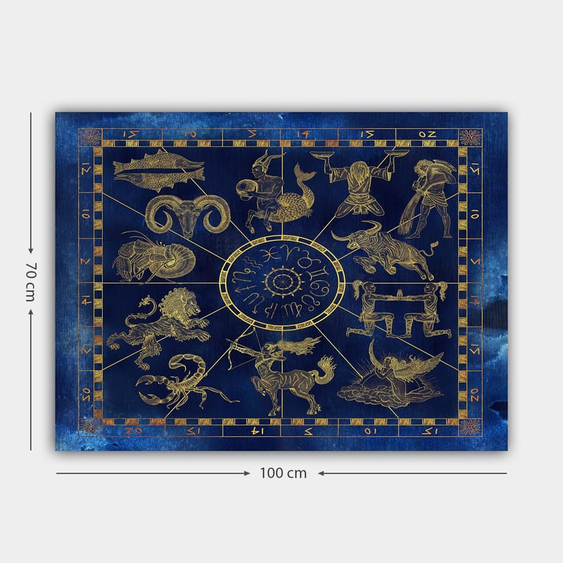 Lerretsbilde 70x100 cm - Astrologisk kart med de tolv stjernetegnene i gull mot en dyp blå bakgrunn - Dyp blå / Gull - Interiør - Maleri & posters - Lerretsbilder