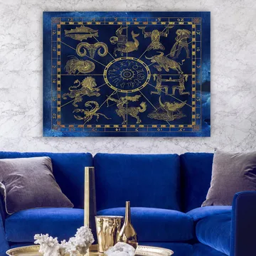 Lerretsbilde 70x100 cm - Astrologisk kart med de tolv stjernetegnene i gull mot en dyp blå bakgrunn - Dyp blå / Gull - Interiør - Maleri & posters - Lerretsbilder