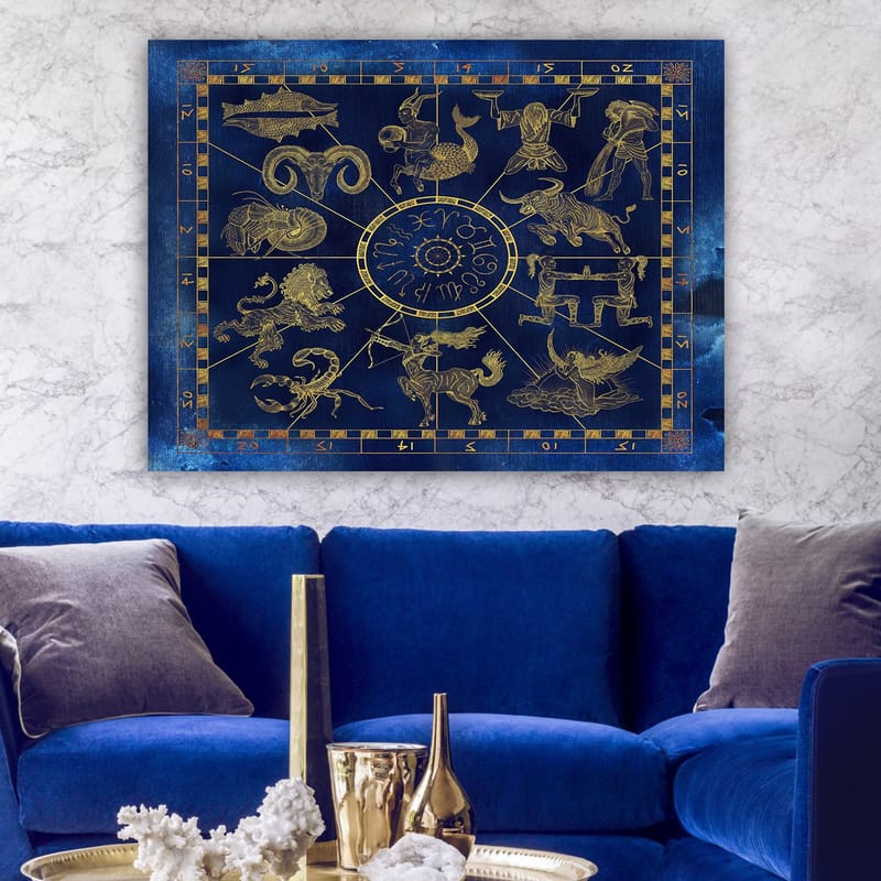 Lerretsbilde 70x100 cm - Astrologisk kart med de tolv stjernetegnene i gull mot en dyp blå bakgrunn - Dyp blå / Gull - Interiør - Maleri & posters - Lerretsbilder