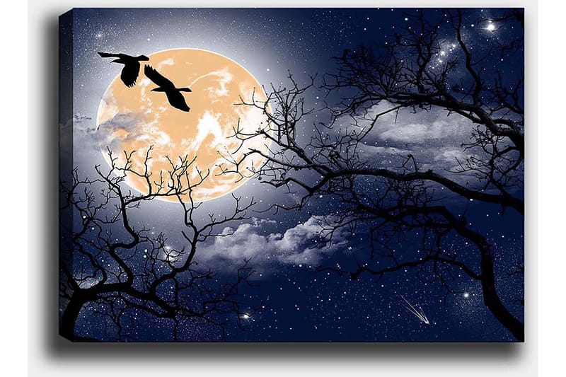 Lerretsbilde 70x100 cm - Atmosfærisk nattlandskap med en stor måne og silhuetter av trær og fugler som flyr over himmelen - Mørk blå / Svart / Lys gul - Interiør - Maleri & posters - Lerretsbilder