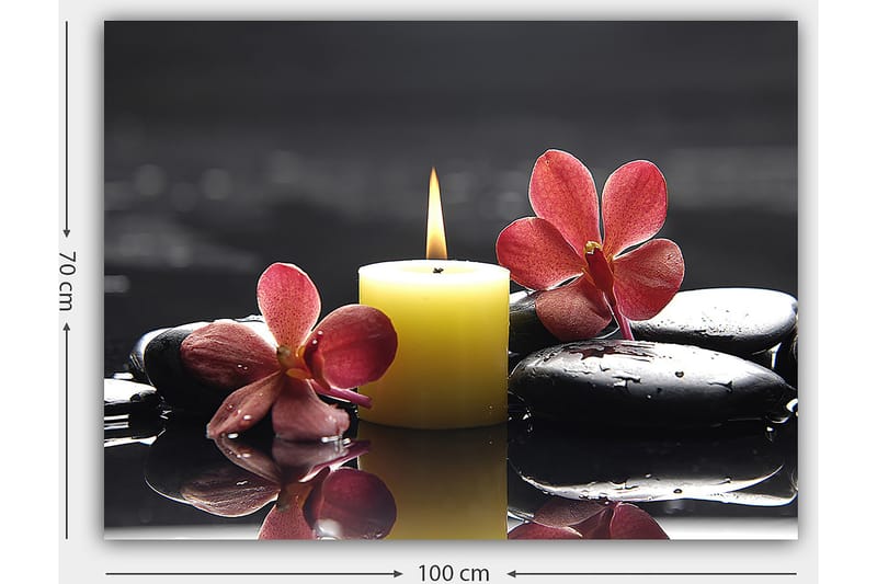 Lerretsbilde 70x100 cm - Avslappende komposisjon med en tent stearinlyslykt, svarte steiner og rosa blomster - Gul / Rosa / Svart - Interiør - Maleri & posters - Lerretsbilder