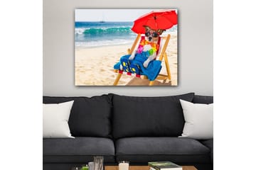 Lerretsbilde 70x100 cm - Avslappet hund som nyter solen på en strandstol under en parasoll - Rød / Blå / Gul - Interiør - Maleri & posters - Lerretsbilder