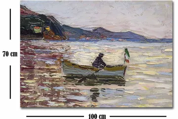 Lerretsbilde 70x100 cm - Båt med to personer som fisker på en glitrende innsjø under en lys himmel - Blå / Grønn / Beige - Interiør - Maleri & posters - Lerretsbilder