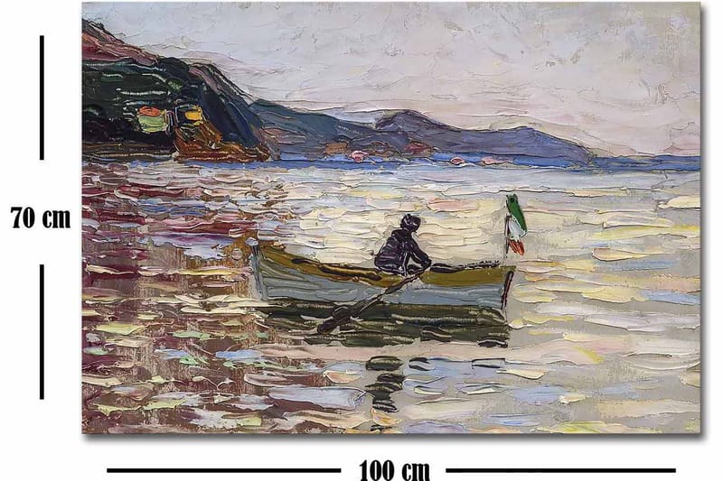 Lerretsbilde 70x100 cm - Båt med to personer som fisker på en glitrende innsjø under en lys himmel - Blå / Grønn / Beige - Interiør - Maleri & posters - Lerretsbilder