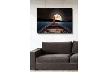 Lerretsbilde 70x100 cm - Båt som seiler mot en stor, lysende måne på nattehimmelen - Mørk blå / Brun / Gull - Interiør - Maleri & posters - Lerretsbilder