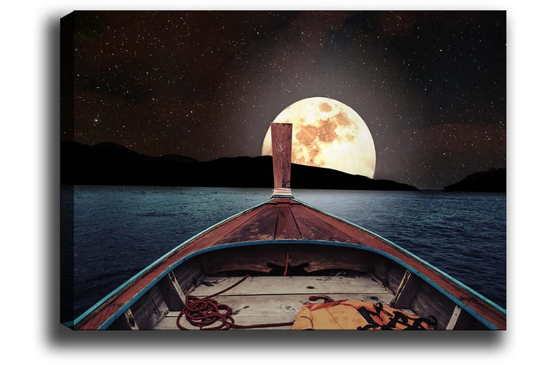 Lerretsbilde 70x100 cm - Båt som seiler mot en stor, lysende måne på nattehimmelen - Mørk blå / Brun / Gull - Interiør - Maleri & posters - Lerretsbilder