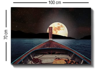 Lerretsbilde 70x100 cm - Båt som seiler mot en stor, lysende måne på nattehimmelen - Mørk blå / Brun / Gull - Interiør - Maleri & posters - Lerretsbilder