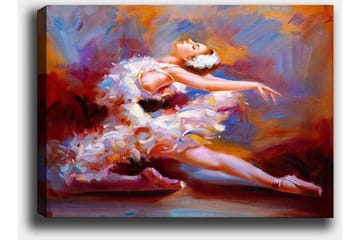 Lerretsbilde 70x100 cm - Ballettdanser i en elegant positur, omgitt av fargerike penselstrøk som fanger bevegelse og ynde - Hvit / Rød / Lilla - Interiør - Maleri & posters - Lerretsbilder