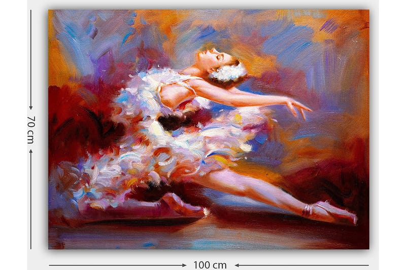 Lerretsbilde 70x100 cm - Ballettdanser i en elegant positur, omgitt av fargerike penselstrøk som fanger bevegelse og ynde - Hvit / Rød / Lilla - Interiør - Maleri & posters - Lerretsbilder