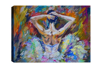 Lerretsbilde 70x100 cm - Ballettdanser sett bakfra med oppsatt hår og en elegant kjole i sterke farger - Hvit / Lys blå / Oransje - Interiør - Maleri & posters - Lerretsbilder