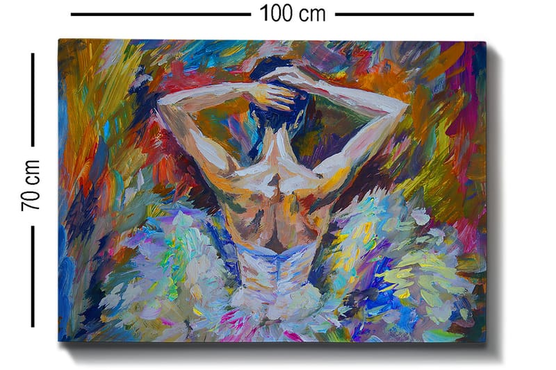 Lerretsbilde 70x100 cm - Ballettdanser sett bakfra med oppsatt hår og en elegant kjole i sterke farger - Hvit / Lys blå / Oransje - Interiør - Maleri & posters - Lerretsbilder
