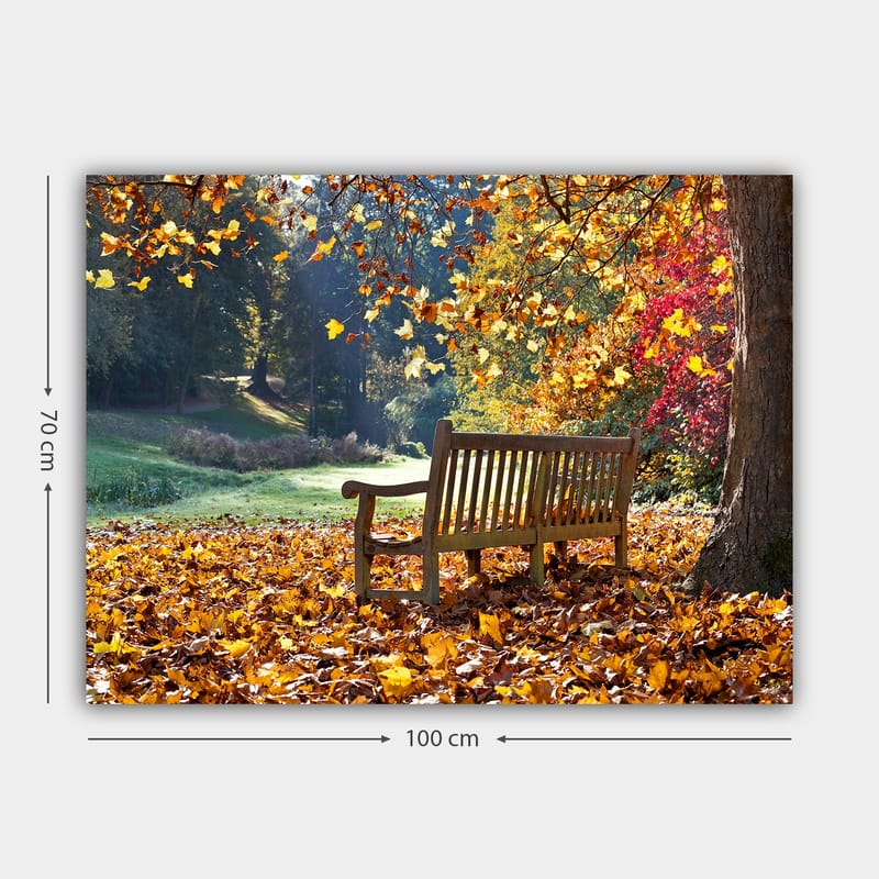 Lerretsbilde 70x100 cm - Benk omgitt av fargerike høstblader i naturskjønne omgivelser - Oransje / Gul / Rød - Interiør - Maleri & posters - Lerretsbilder
