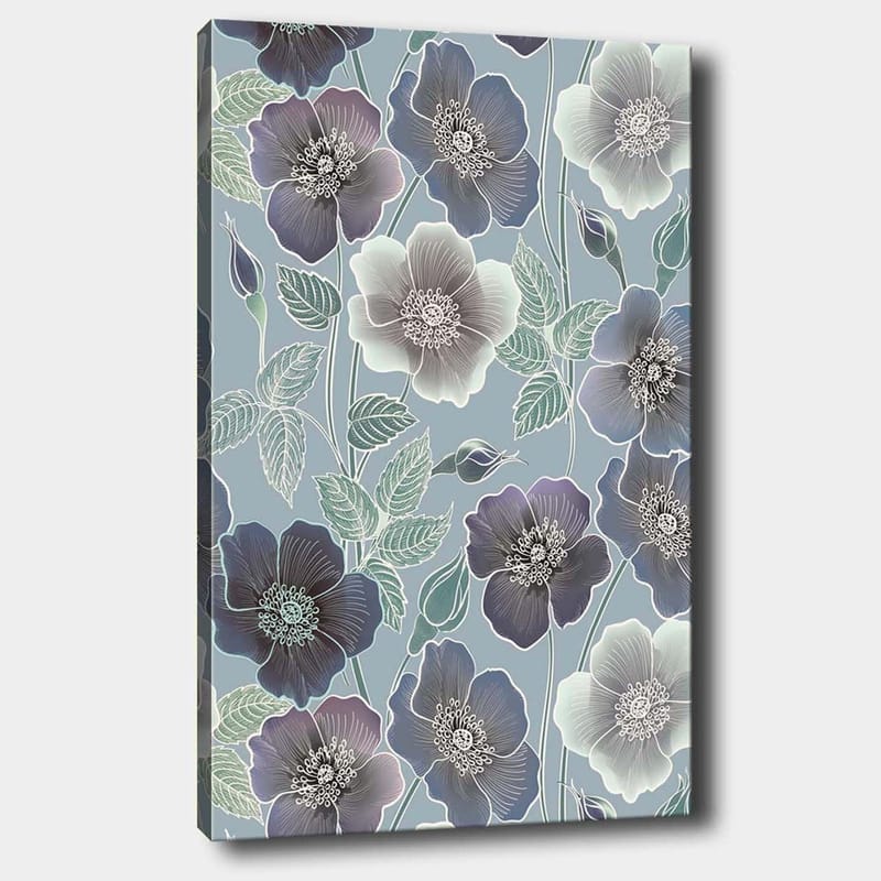 Lerretsbilde 70x100 cm - Blomster i forskjellige nyanser av blått og lilla med detaljert bladverk, Mørk blå / Lys blå / Lilla