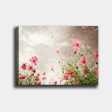 Lerretsbilde 70x100 cm - Blomster i forskjellige nyanser av rosa som vokser mot en dempet bakgrunn - Rosa / Grønn - Interiør - Maleri & posters - Lerretsbilder