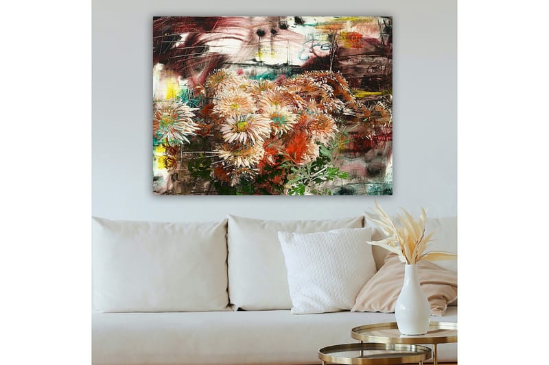 Lerretsbilde 70x100 cm - Blomsterbukett i forskjellige nyanser av rosa og oransje - Rosa / Oransje / Grønn - Interiør - Maleri & posters - Lerretsbilder