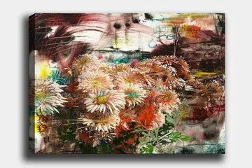 Lerretsbilde 70x100 cm - Blomsterbukett i forskjellige nyanser av rosa og oransje - Rosa / Oransje / Grønn - Interiør - Maleri & posters - Lerretsbilder