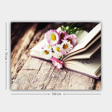 Lerretsbilde 70x100 cm - Blomsterbukett plassert på en åpen bok - Hvit / Rosa / Gul - Interiør - Maleri & posters - Lerretsbilder