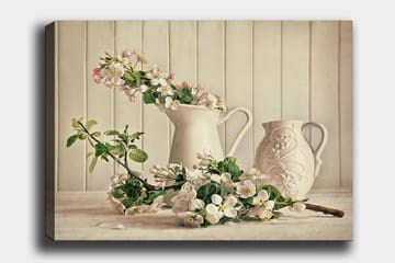 Lerretsbilde 70x100 cm - Blomsteroppsats med hvite mugger og grener i en rolig komposisjon - Hvit / Lys rosa / Grønn - Interiør - Maleri & posters - Lerretsbilder