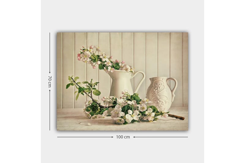 Lerretsbilde 70x100 cm - Blomsteroppsats med hvite mugger og grener i en rolig komposisjon - Hvit / Lys rosa / Grønn - Interiør - Maleri & posters - Lerretsbilder
